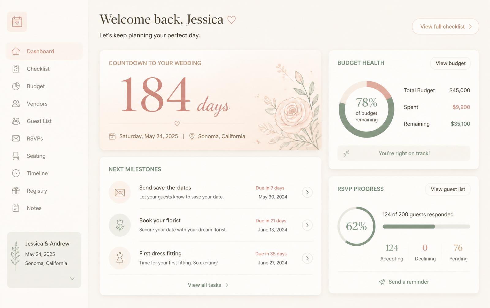 Lumière Wedding Planner dashboard — countdown, budget health, next milestones, and RSVP progress